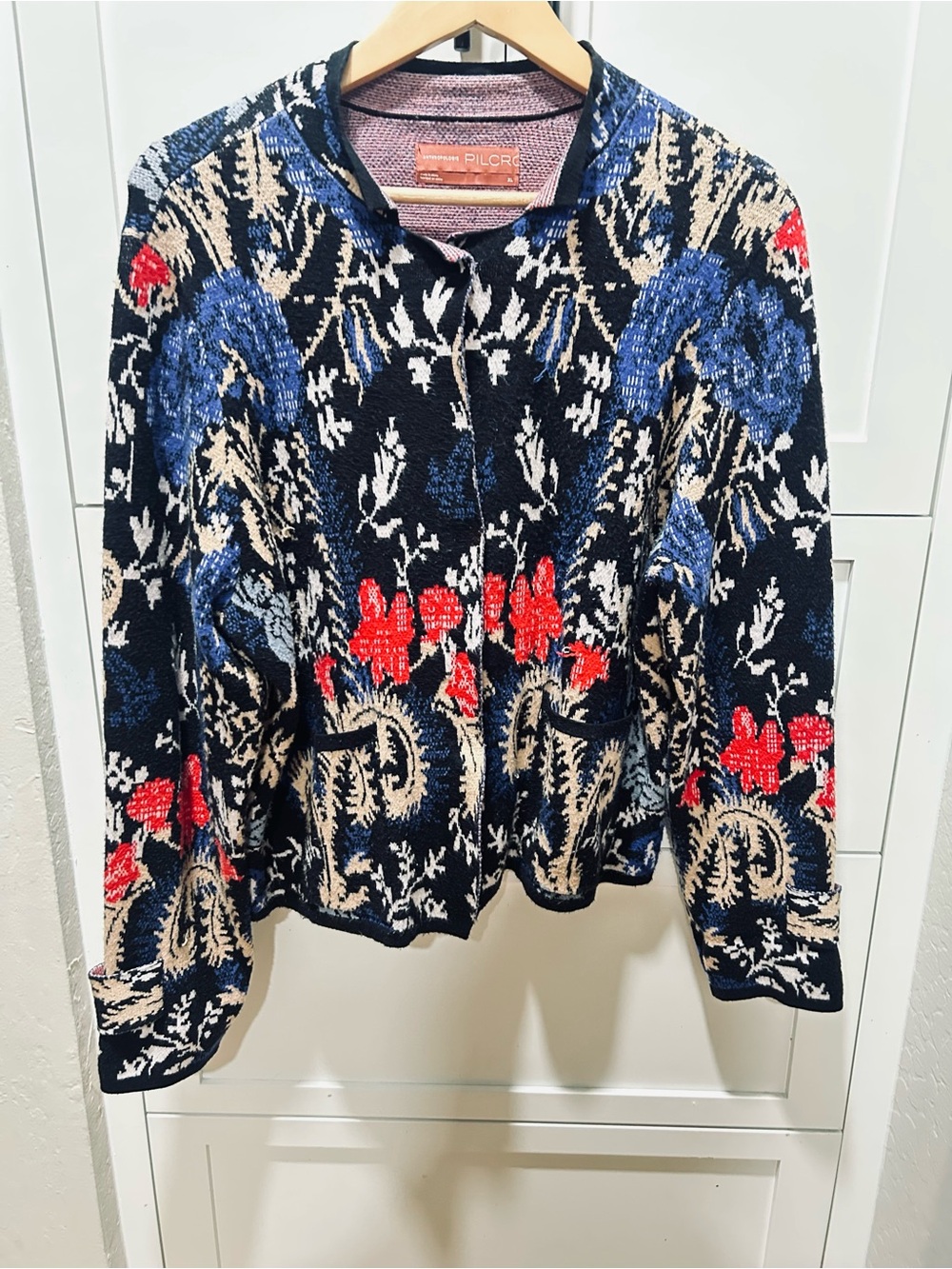 Anthropologie Floral Jacquard Cardigan in Navy, Red & Cream with Blue Accents - Picture 2 of 10